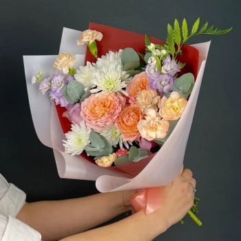 Author's bouquet of pink peony Rose, Mattiola and Fern